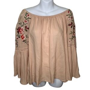 Umgee Beige Off Shoulder Top with Embroidered Details on Bell Sleeve Size Small